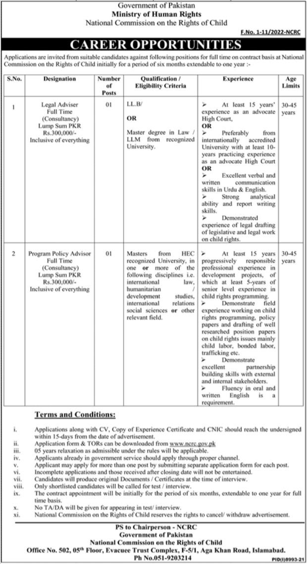 Ministry of Human Rights Islamabad Jobs 2022 | www.ncrc.gov.pk