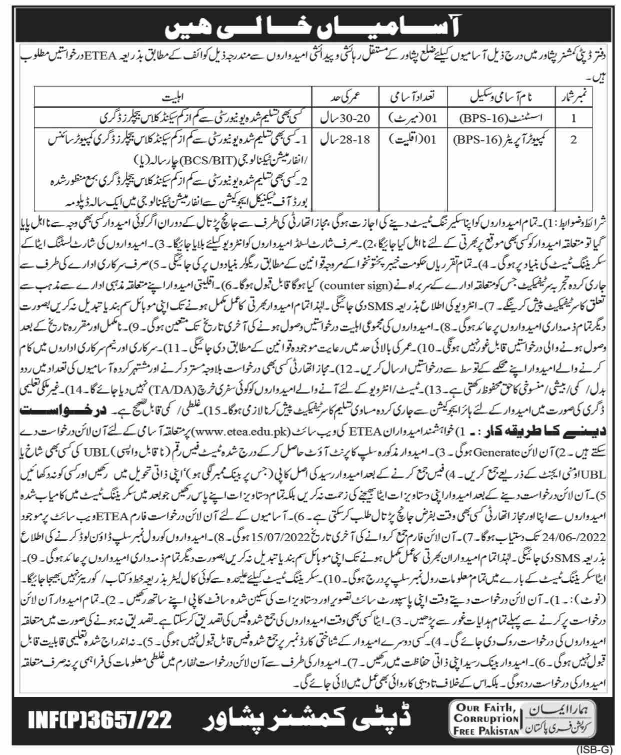 Deputy Commissioner Office Peshawar Jobs 2022 – Fill Online Form