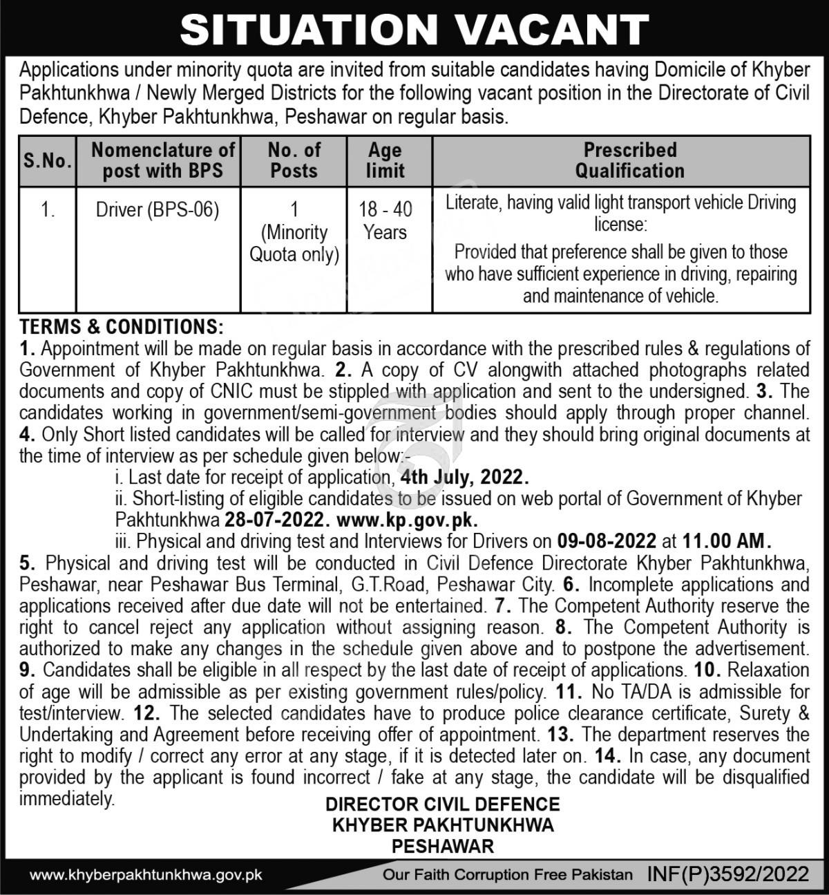 Directorate of Civil Defence Khyber Pakhtunkhwa Jobs 2022