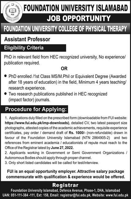 Foundation University Islamabad FUI Jobs 2022 | www.fui.edu.pk