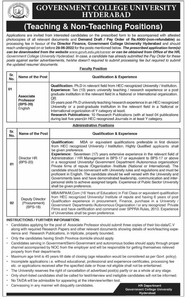 GC University Hyderabad Jobs 2022 | www.gcuh.edu.pk