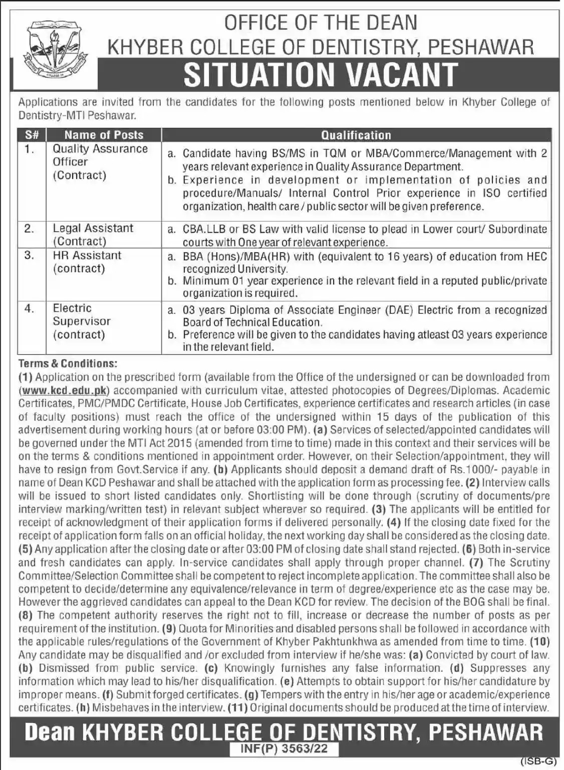 Khyber College of Dentistry Peshawar Jobs 2022 | www.kcd.edu.pk