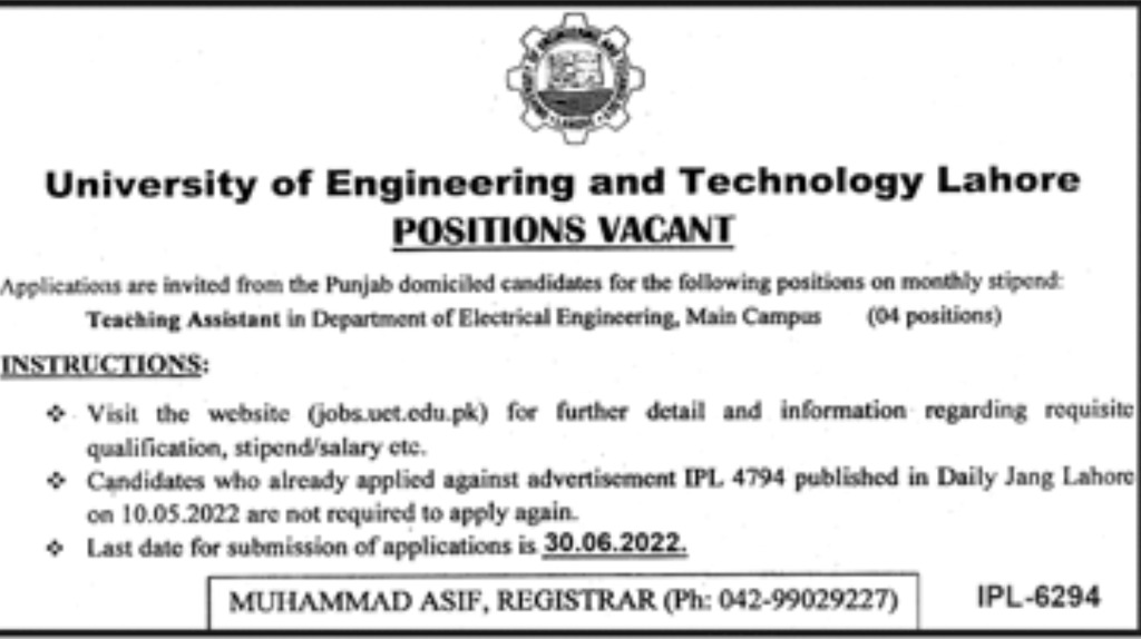 UET Lahore Jobs 2022 Current Vacancies | www.jobs.uet.edu.pk