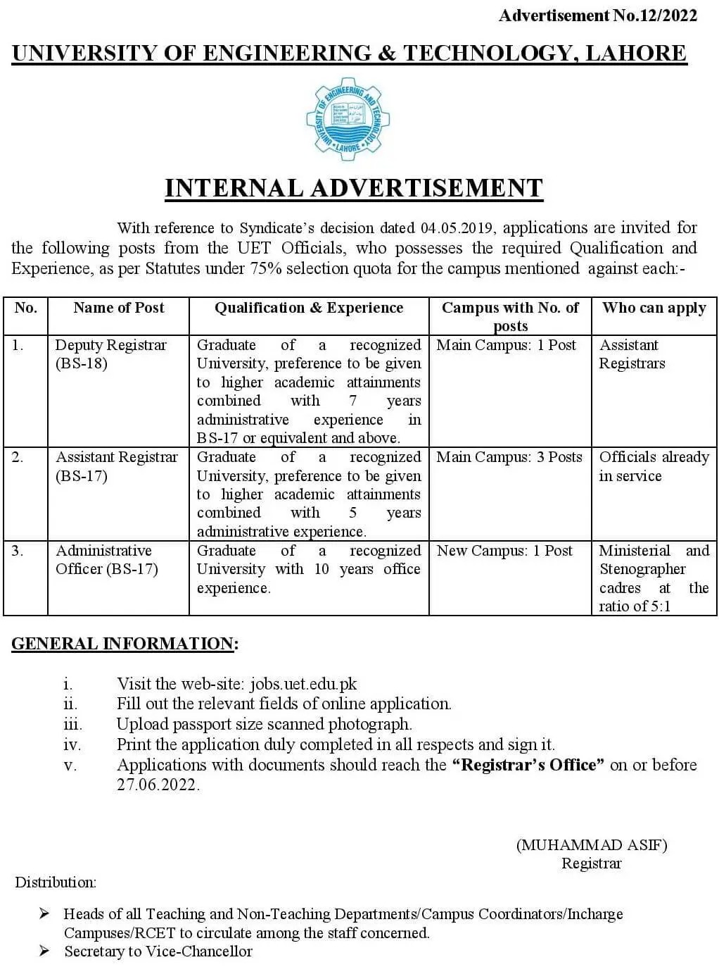 UET Lahore Jobs 2022 Current Vacancies | www.jobs.uet.edu.pk