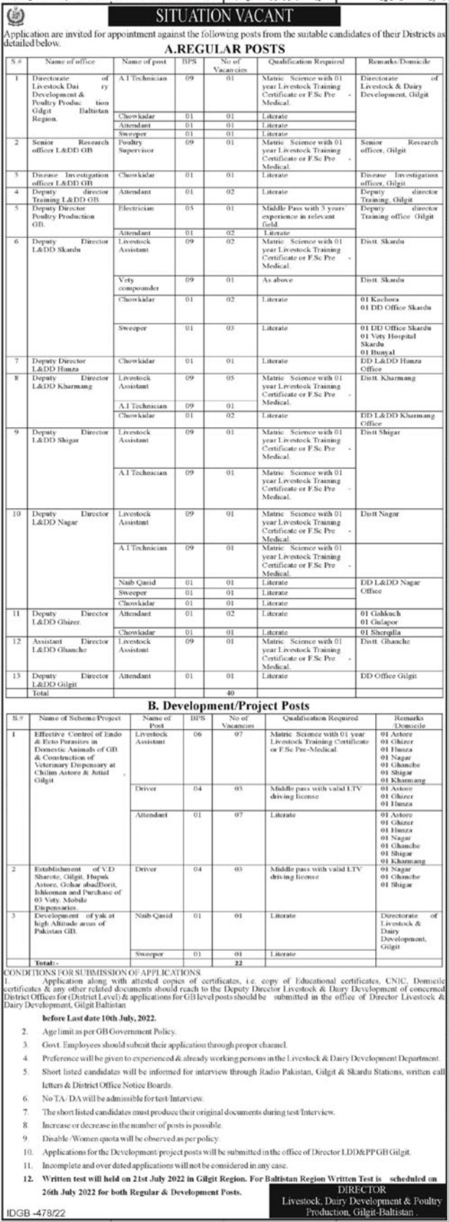 Livestock and Dairy Development Gilgit Baltistan Jobs 2022