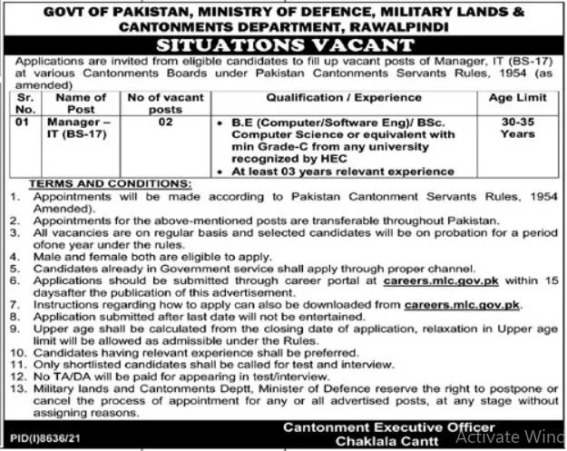 Military Lands and Cantonments Department Rawalpindi Jobs 2022