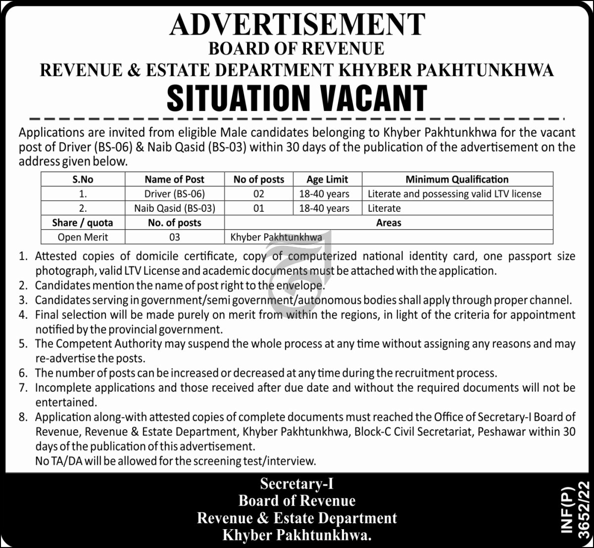 Revenue and Estate Department KPK Jobs 2022 for Naib Qasid & Driver