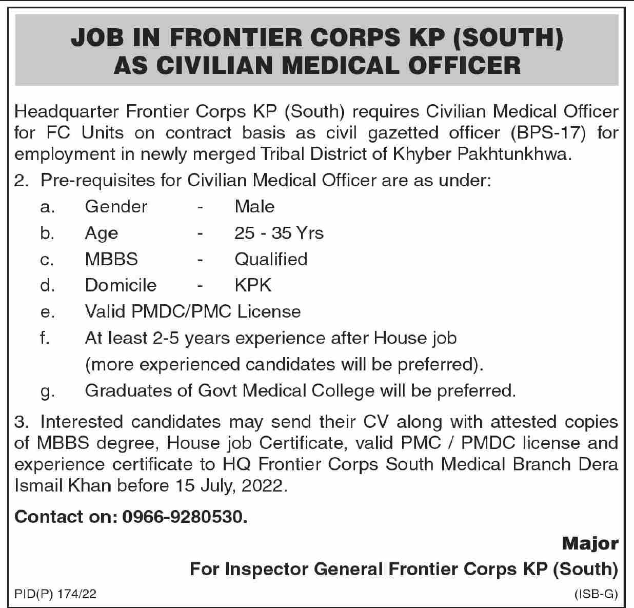 Civilian Medical Officer Jobs in Frontier Corps FC South KPK