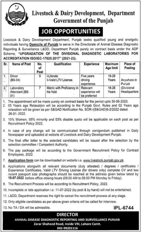 Punjab Livestock & Dairy Development Department Jobs