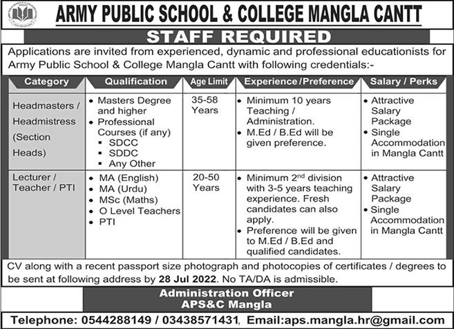 Army Public School and College Mangla Cantt Jobs 2022