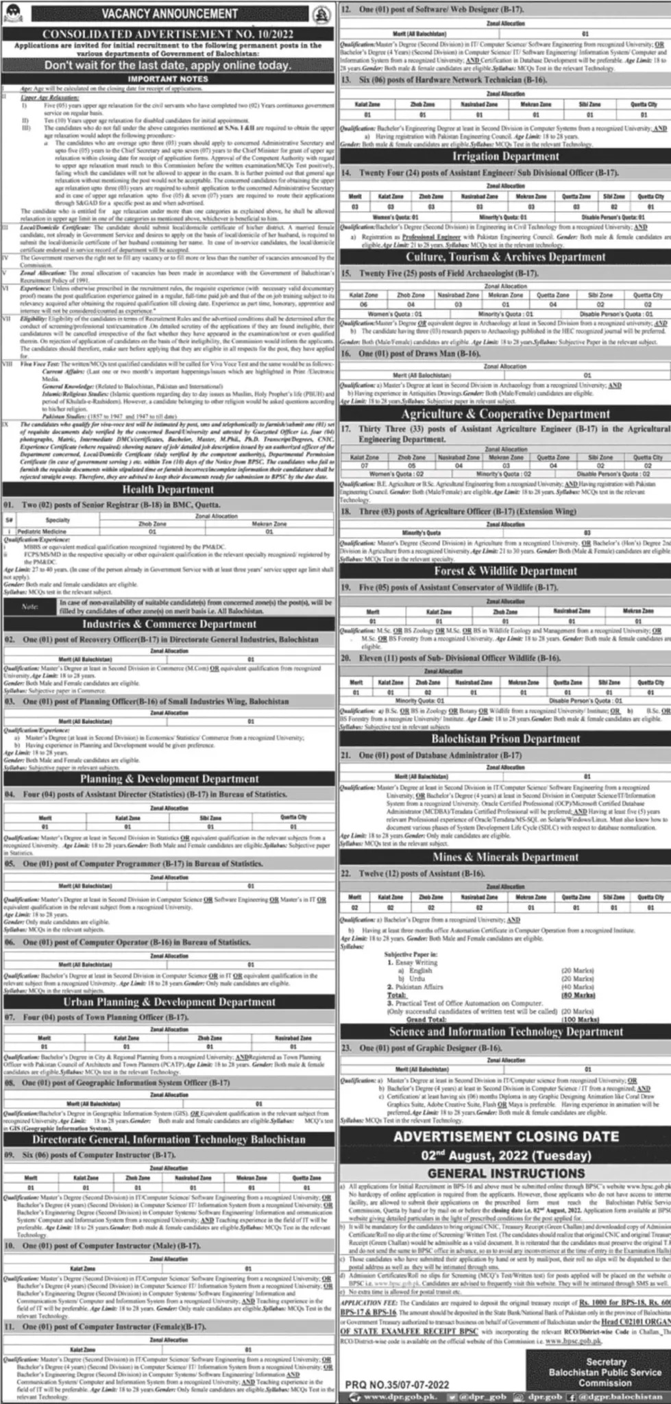 BPSC Jobs 2022 Advertisement – New Jobs in Balochistan