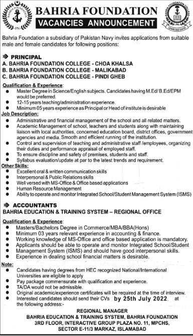 Bahria Foundation Colleges Jobs 2022 for Principals