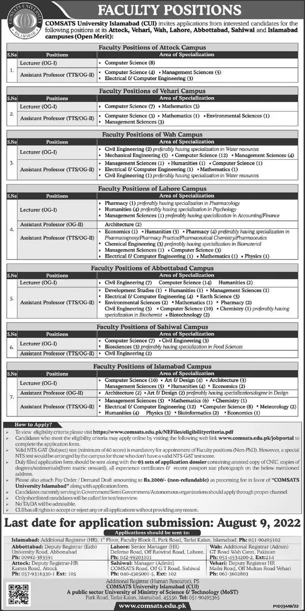 COMSATS University Islamabad CUI Jobs 2022 Eligibility Criteria