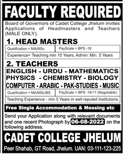 Cadet College Jhelum Jobs 2022 Advertisement – www.ccj.edu.pk