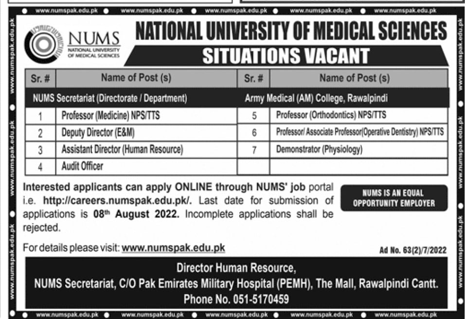 NUMS Jobs 2022 National University of Medical Science