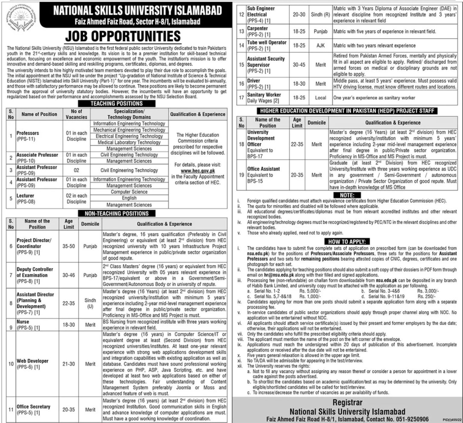 National Skills University NSU Islamabad Jobs 2022 Last Date