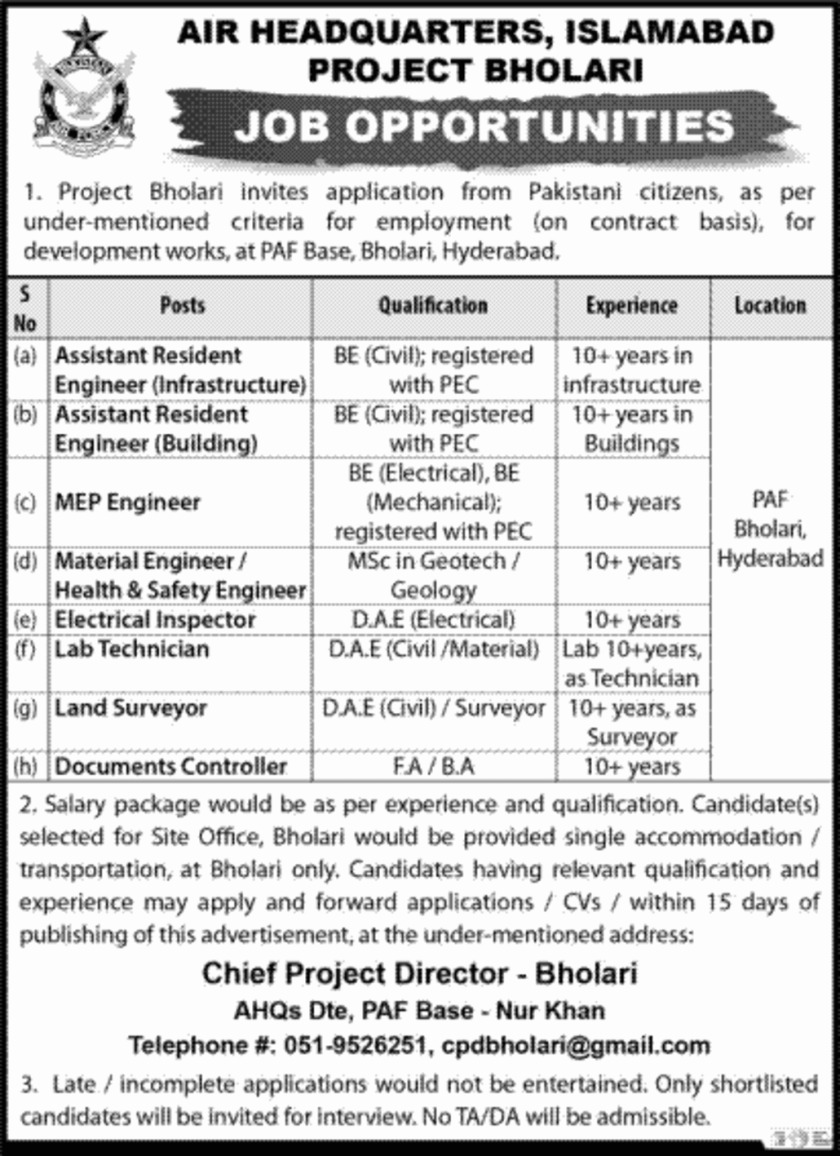 PAF Air Headquarters Islamabad Jobs in Bholari Project