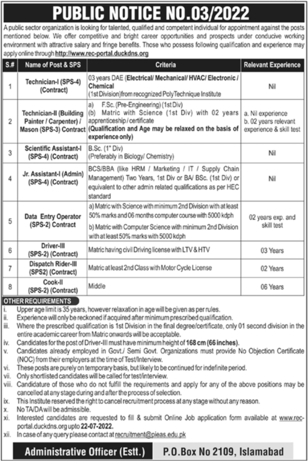 Public Sector Organization PO Box 2109 Islamabad Jobs 2022 – Online Form