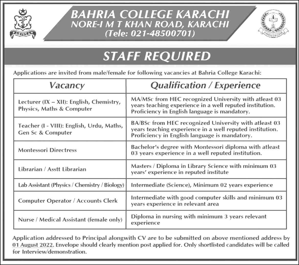 Bahria College Nore-I Karachi Jobs 2022