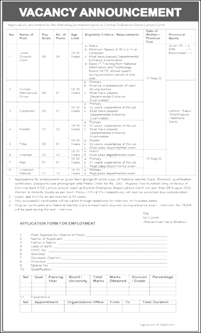 Pak Army Central Ordnance Depot COD Lahore Jobs 2022