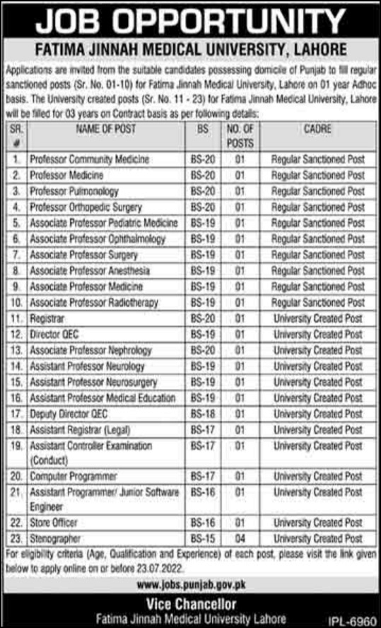 Fatima Jinnah Medical University Lahore Jobs 2022 | www.jobs.punjab.gov.pk