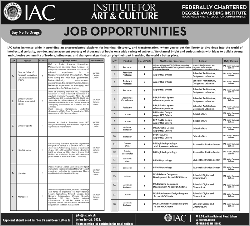 Institute for Arts and Culture IAC Jobs 2022 | www.iac.edu.pk