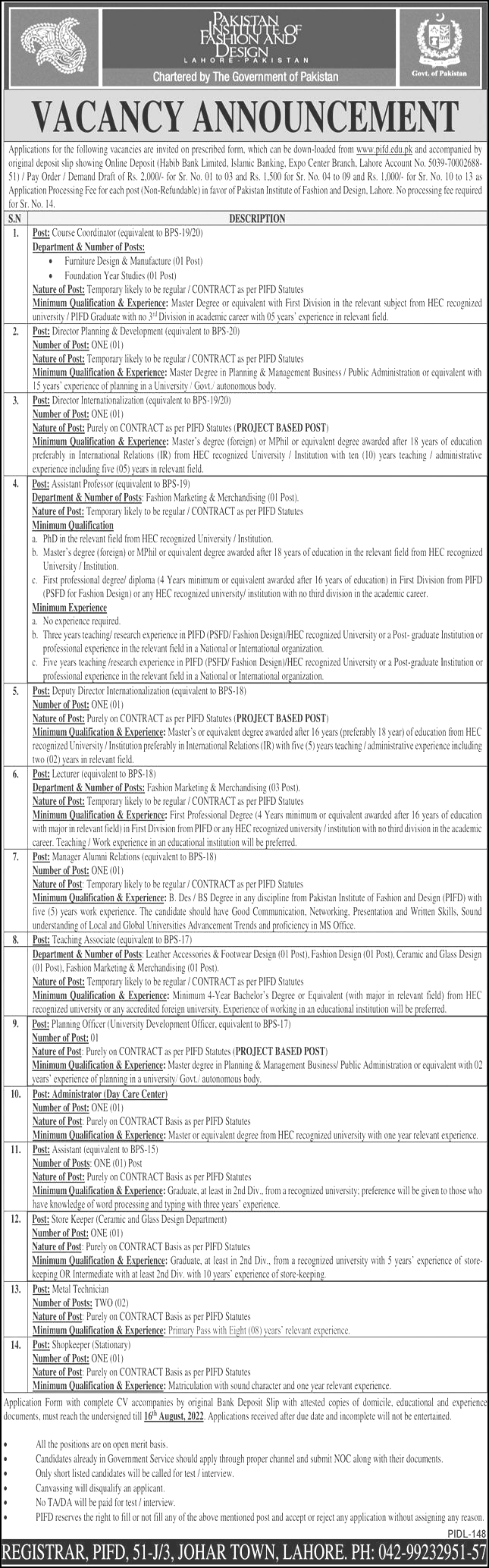 Pakistan Institute of Fashion & Design PIFD Jobs 2022