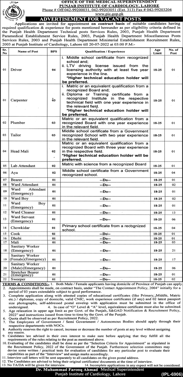 Punjab Institute of Cardiology Lahore Jobs 2022 | www.pic.gop.pk