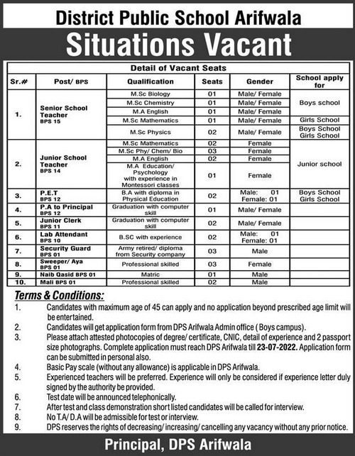 District Public School DPS Arifwala Jobs 2022