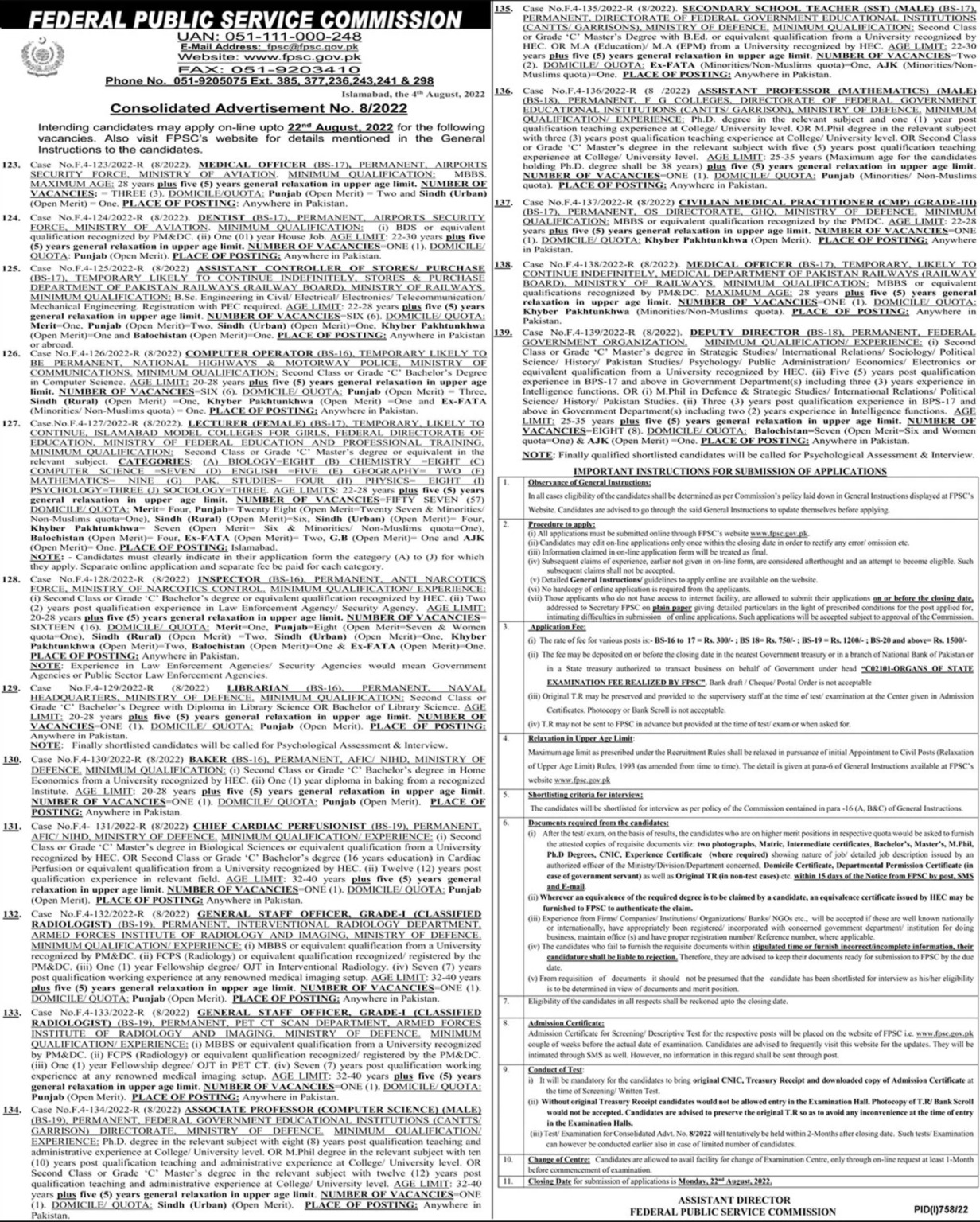 FPSC Jobs August 2022 Consolidated Advertisement No. 08