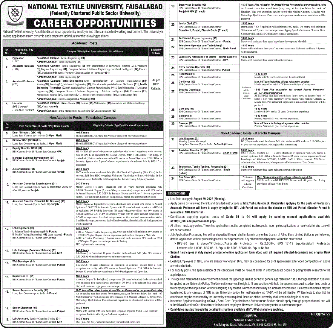 National Textile University Jobs 2022 for Pakistanis | Jobs.ntu.edu.pk