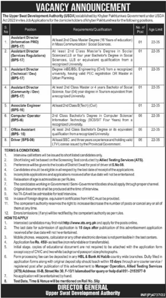 Upper Swat Development Authority USDA Jobs 2022 for KPK Residents