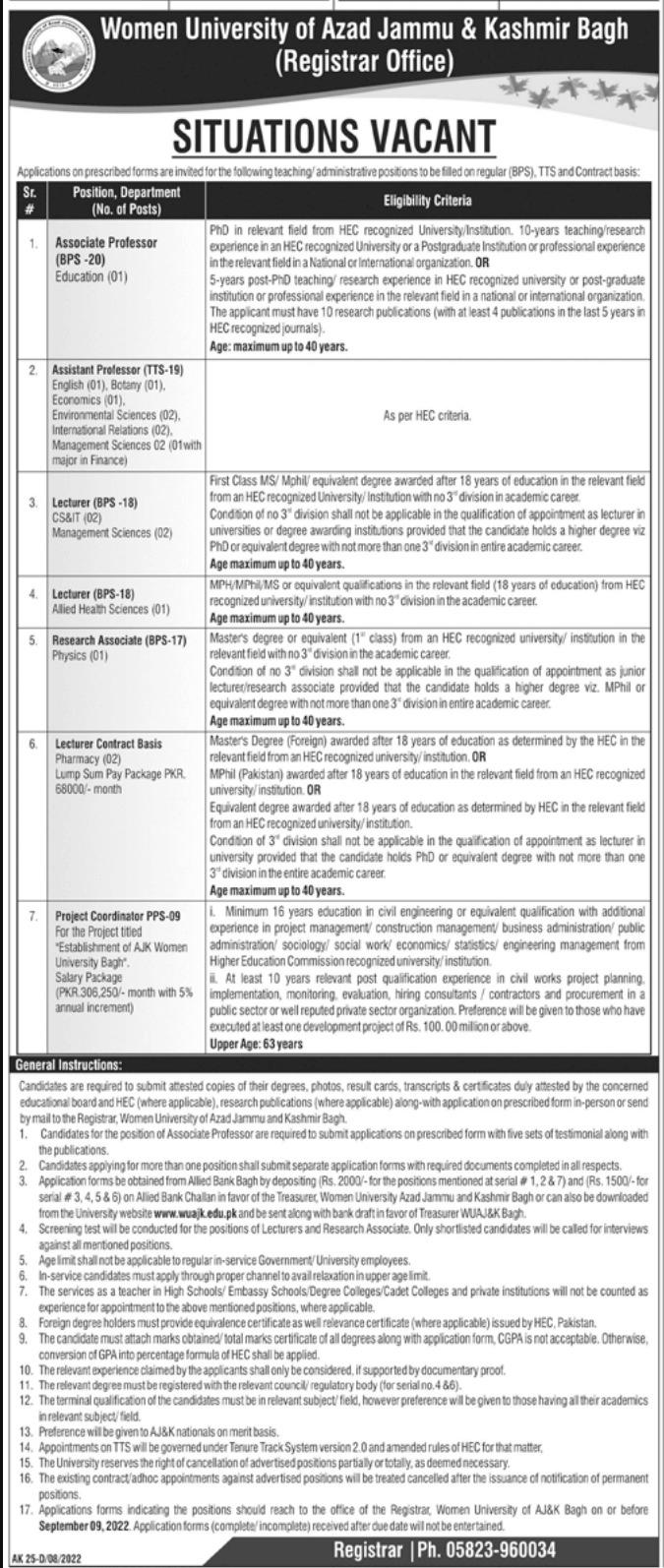 Women University of AJK Bagh Jobs 2022 | www.wuajk.edu.pk