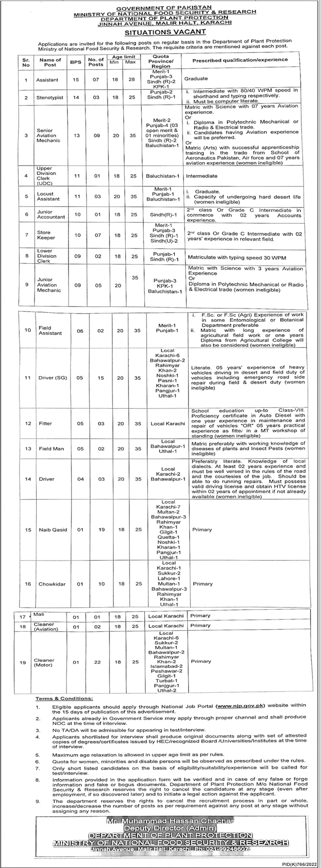 Department of Plant Protection Jobs September 2022 Apply Online through National Job Portal at www.njp.gov.pk