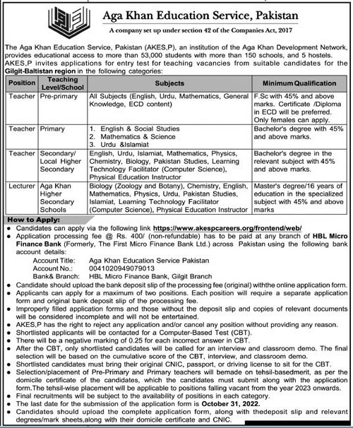 Teachers and Lecturers Jobs 2022 in Gilgit Baltistan at AKES Pakistan