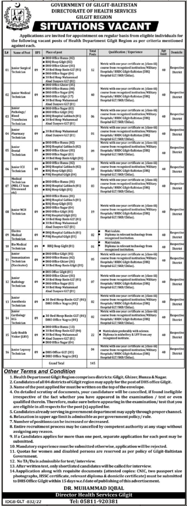 Directorate Health Services Gilgit Region Jobs 2022