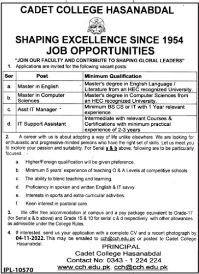 Cadet College Hasan Abdal Jobs October 2022