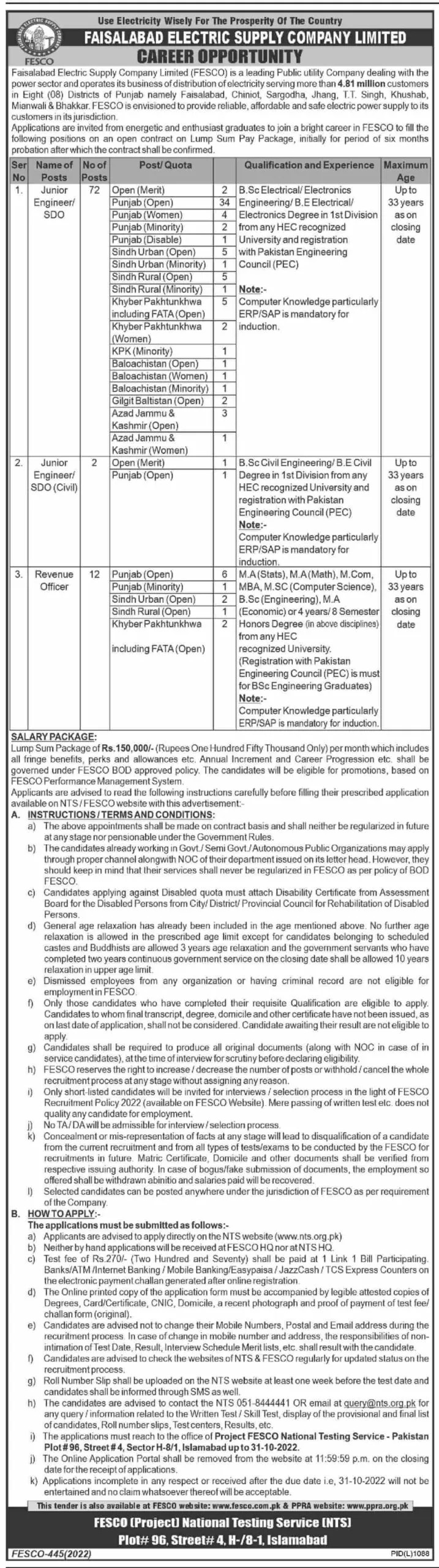 NTS FESCO Jobs October 2022 – Faisalabad Electric Supply Company Careers Apply Online