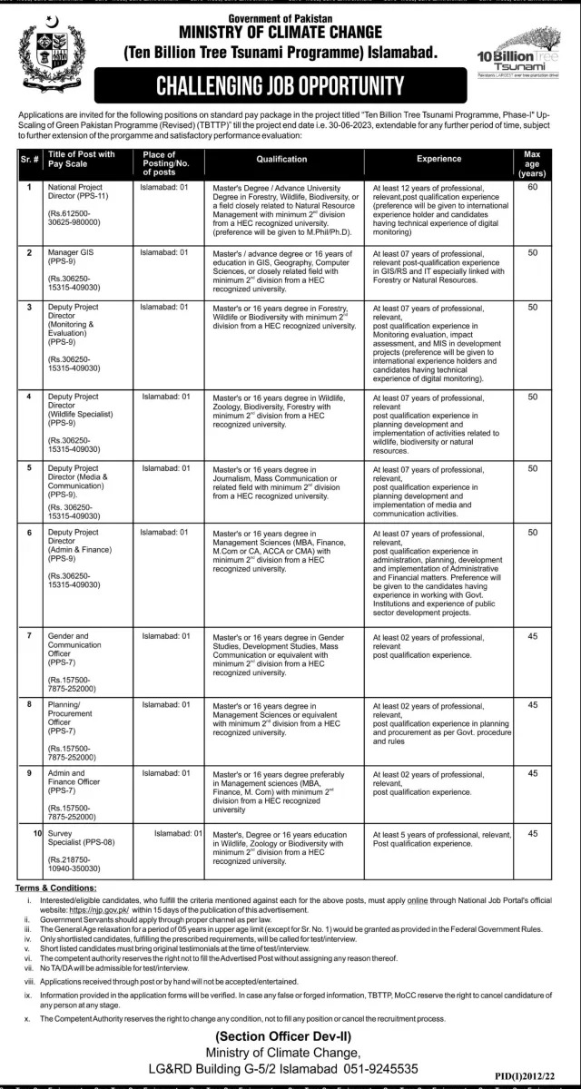 Ten Billion Tree Tsunami Programme TBTTP Jobs 2022 | MOCC Careers