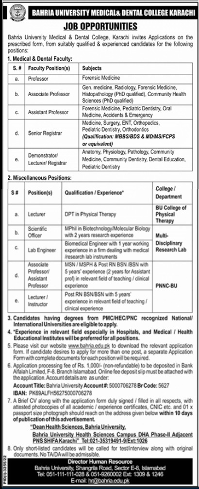 Bahria University Medical & Dental College Karachi Jobs 2022