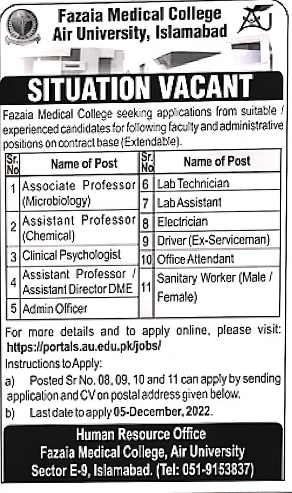 Fazaia Medical College Air University Islamabad Jobs