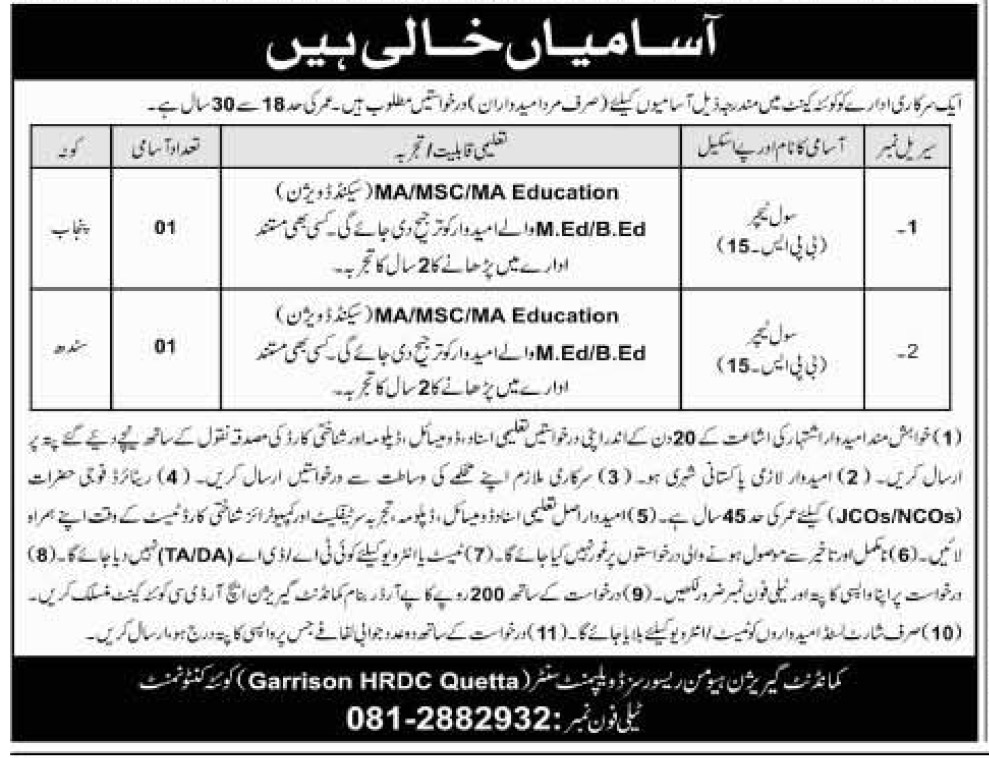 Pak Army Civilian Teacher Jobs 2022 at Garrison HRDC Quetta Cantt