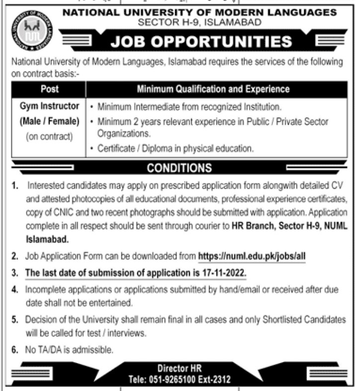 NUML Islamabad Jobs 2022 – Download Form via www.numl.edu.pk