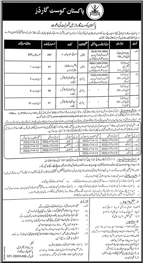 Pakistan Coast Guards Jobs Recruitment 2022 | PCG Online Registrations