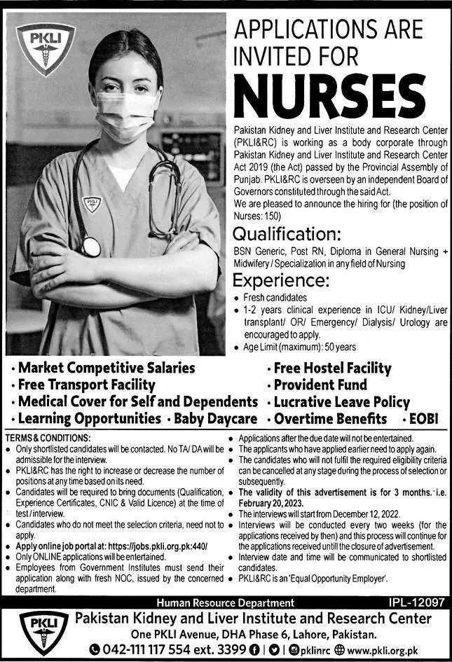 Nurses Jobs 2022 at PKLI | Apply Online across Pakistan at www.pkli.org.pk