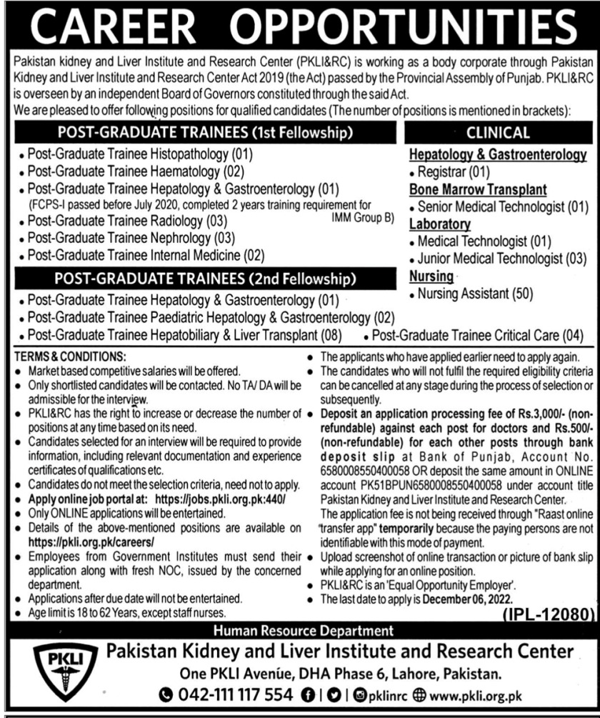 Pakistan Kidney And Liver Institute PKLI Jobs November 2022