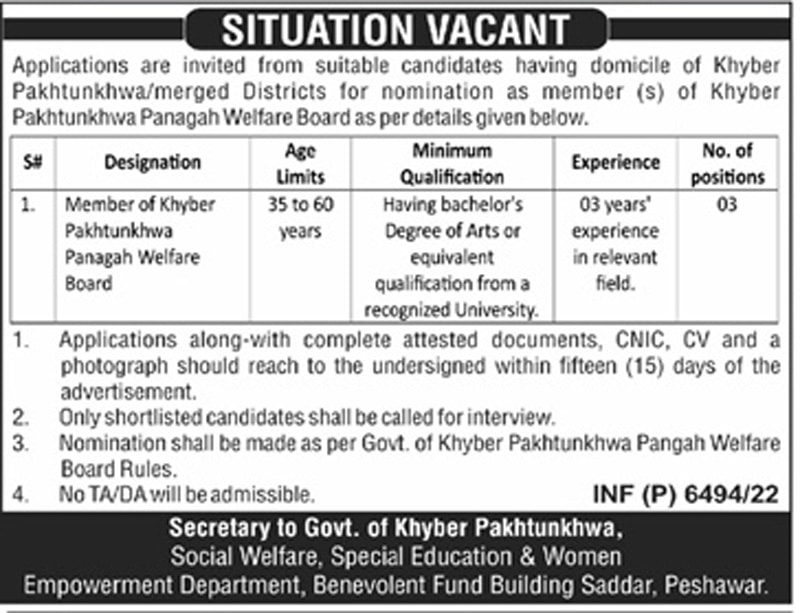 Social Welfare, Special Education and Women Empowerment KPK Jobs 2022