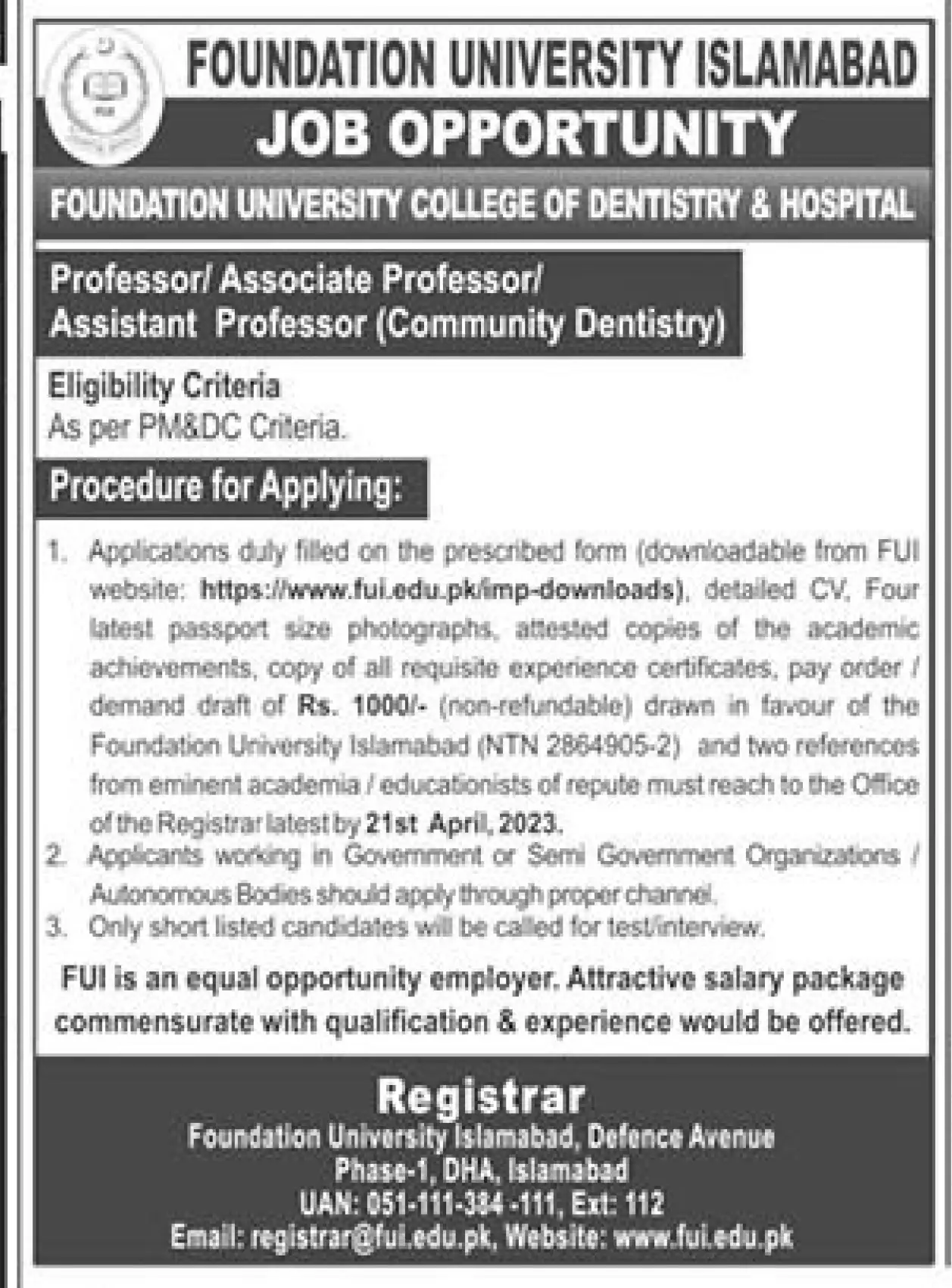 Foundation University Islamabad FUI Jobs 2023 | www.fui.edu.pk