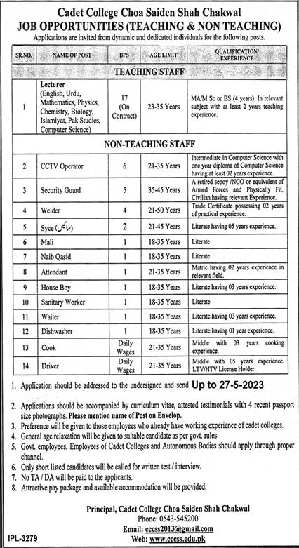 Cadet College Choa Saiden Shah Chakwal Jobs 2023 Advertisement