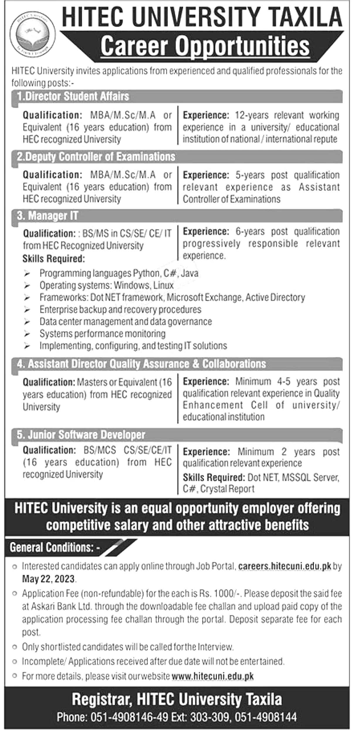 HITEC University Taxila Jobs 2023 Apply Online Form | www.hitechuni.edu.pk